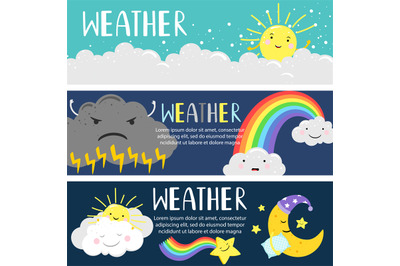 Weather banners with cute cartoon sun&2C; moon&2C; clouds vector template