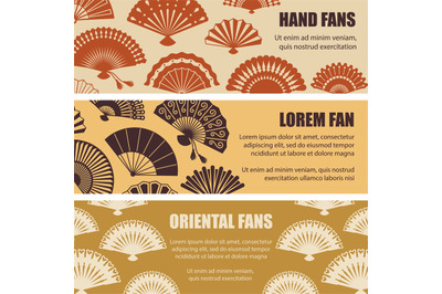 Hand oriental fans silhouettes vector banners template