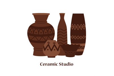 Ceramic studio emblem vector design with clay vases and pots