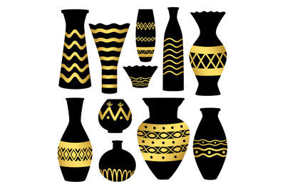 Greek ancient bowls and vases with golden patterns