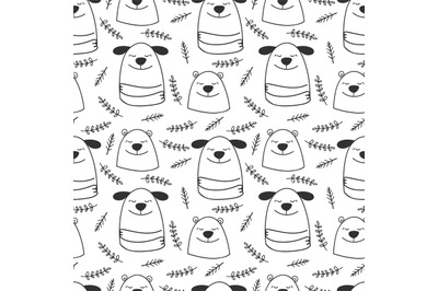 Doodle vector line dogs and bears seamless pattern