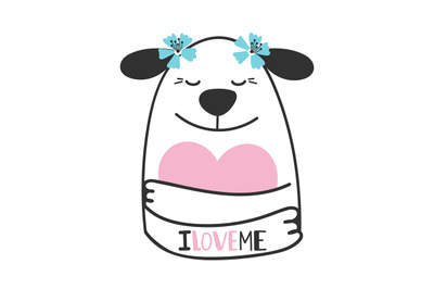 Cute doodle dog hugs heart