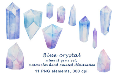 Blue crystal mineral gems set, watercolor hand painted