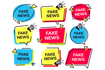 Fake news label. News badge with loudspeaker icon, fake media megaphon