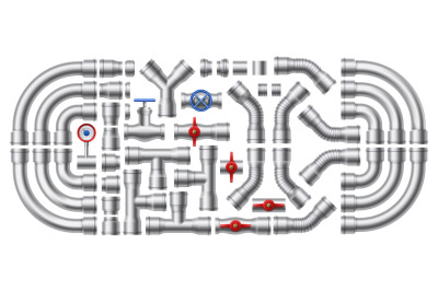 Metal pipeline. Steel pipes, pipe connectors and industrial valves vec