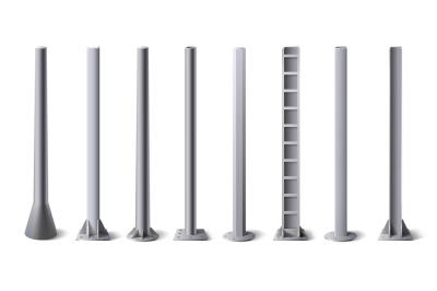 Metal poles. Steel construction pole, aluminum pipes and metal column