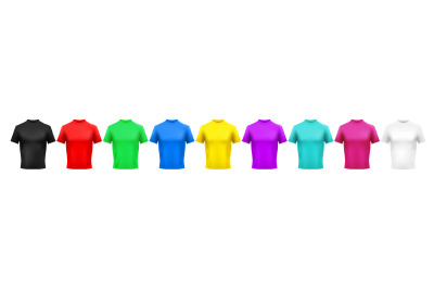 Realistic color t-shirt mockup. Red&2C; green and blue men clothes. Yello