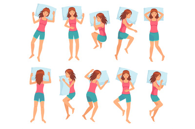 Woman sleeps in different poses. Healthy night sleep, sleeping pose an