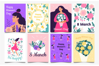 March 8 cards. Lady with flowers, International Womens Day and Be happ