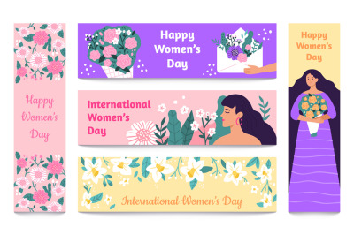 March 8 banners. International Womens Day&2C; Happy woman with flowers ba