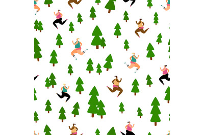 Running seamless pattern with girls in forest park