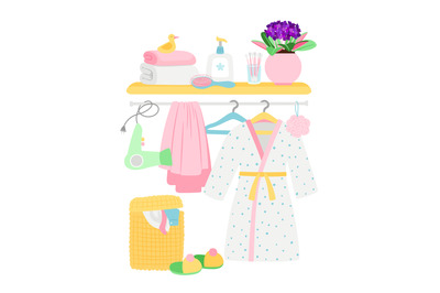 Bathroom accessories, hygiene items, bathrobe, laundry basket vector i