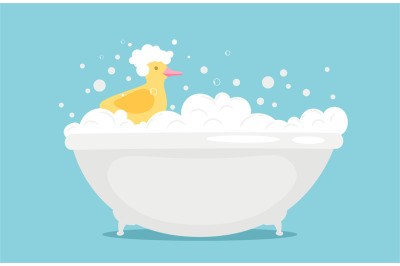 Bathtime vector illustration with soap foam and yellow rubber duck