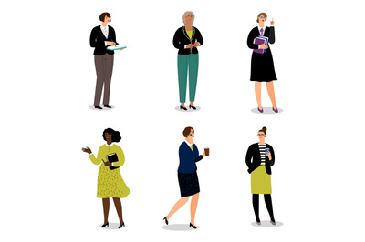 Businesswomen with phones and papers. Vector office women walk and com