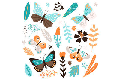 Butterflies and floral elements vector isolated on white background