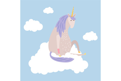 Cartoon dreaming unicorn flies on cloud vector illustration