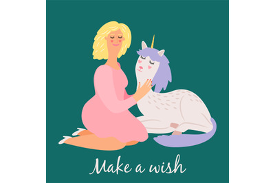 Cartoon girl with cute baby unicorn vector illustration