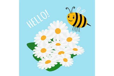 Cute cartoon bumblebee and flowers field vector illustration