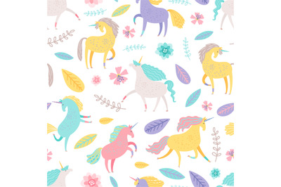 Fairytale unicorn with floral elements vector seamless pattern