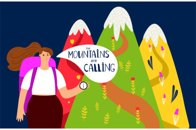 Hiking vector background. Mountains and girl, alpinism concept