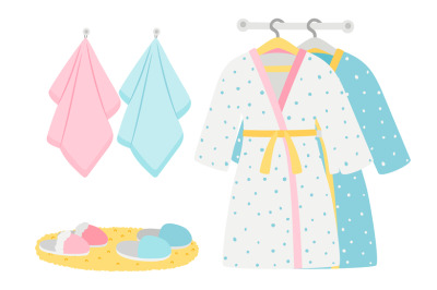 Male and female bathrobes, slippers and towels vector elements