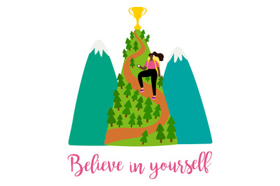 Positive motivation female vector illustration with girl, mountains an