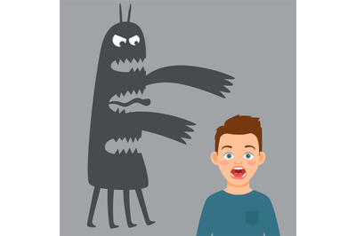 Scared boy and fear monster vector illustration