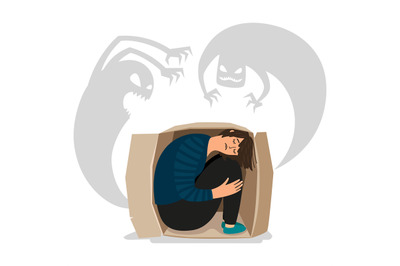 Scary depressed monsters and sad girl vector illustration