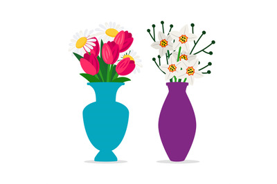 Spring flowers bouquets in vases vector isolated on white