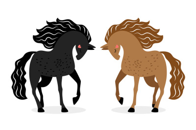 Two horses in love. Black and red horses vector illustration