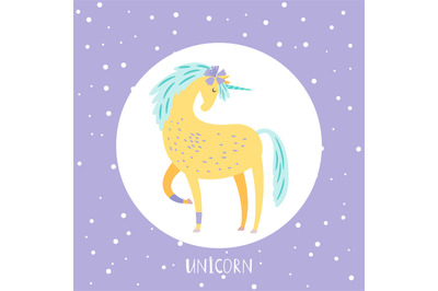 Vector cartoon unicorn card design in round