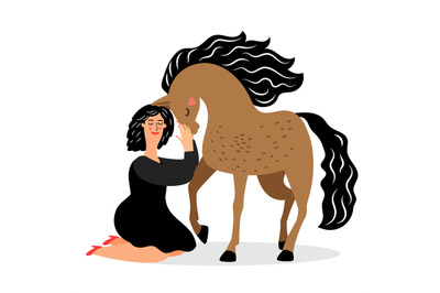 Young woman and horse vector illustration isolated on white