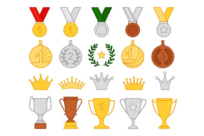 Collection of golden goblet and medal flat style