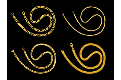 Rolled gold chain collection isolated on black