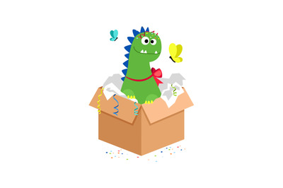 Happy dino in carton box. Kids toy gift