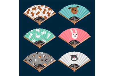 Set of fans pattern with dog&2C; cat and bunny