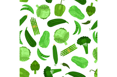 Green vegetables seamless pattern. Cabbage broccoli and cucumber