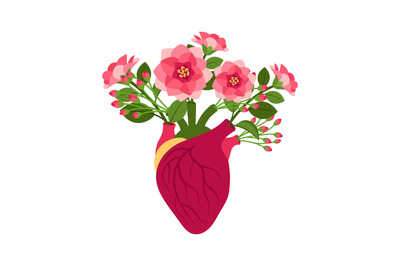 Anatomical pink doodle heart with flowers