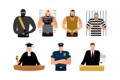 Justice people, prisoner and defendant, policeman, judge and lawyer