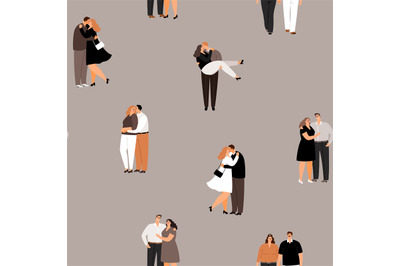 Couple in love is kissing and hugging, seamless pattern