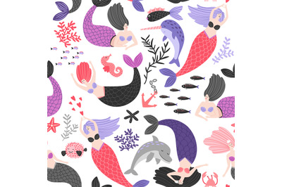 Cartoon mermaids and sea animals pattern