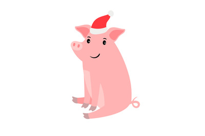 Cute pink pig in santa hat