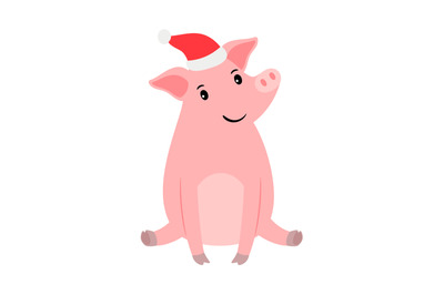 Happy pink pig in santa hat