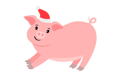 Happy pink pig in santa hat