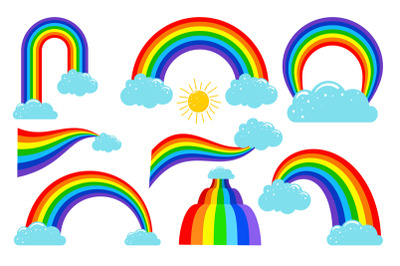 Colored rainbows with clouds collection. Vector illustration