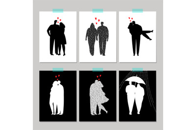 Set of card with black silhouette love couple