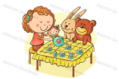 Girl is playing with her toys making tea party at the table with small