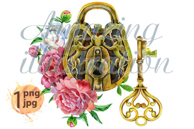 Watercolor vintage golden padlock with key and peonies