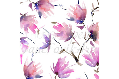 Delicate watercolor pattern with painting of blossom trees