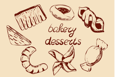 A chain of sketch-style bakery desserts.